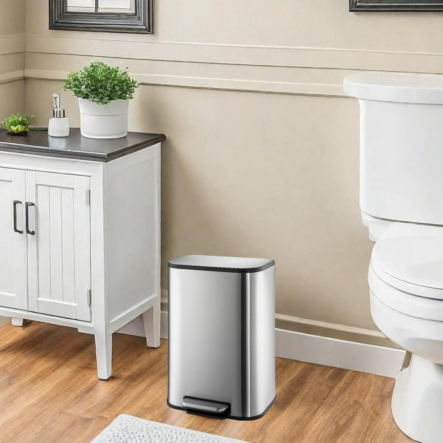 3.2 Gallon Stainless Steel Kitchen Trash Can with Lid, Rectangular Step-On Garbage Can with Foot Pedal & Removable Inner Bucket for Kitchen, Office, Bedroom