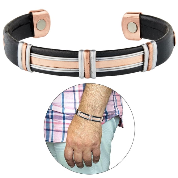 1 Magnetic Leatherette Bracelet Pure Copper Cuff Arthritis Relief Healing Energy