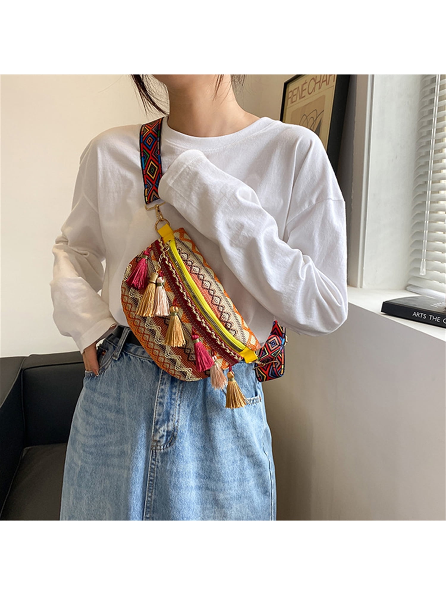 Women's Ethnic Straw Bags Hand Woven Waist Bag with Adjustable