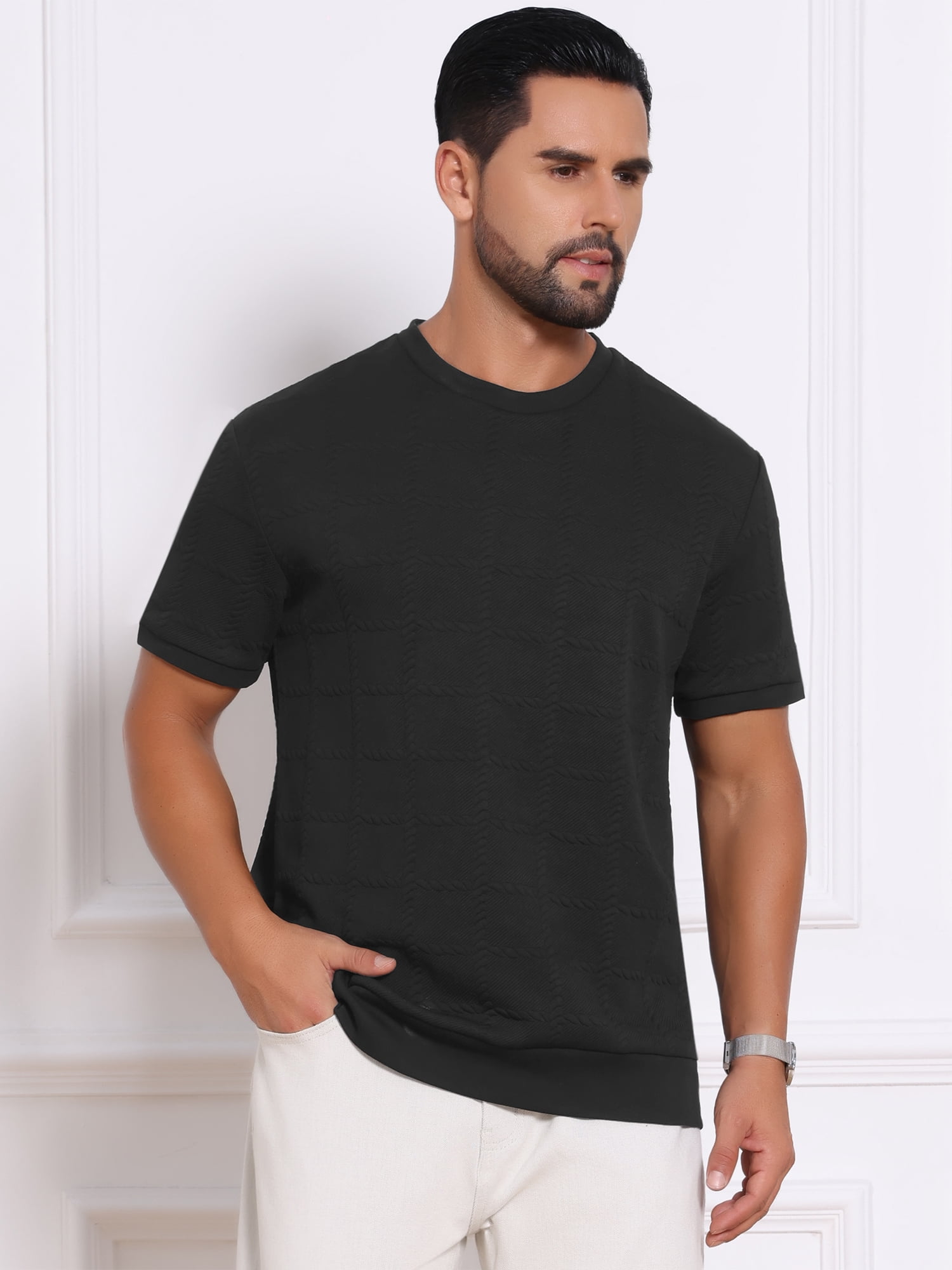 DARING DIVA Men's Jacquard Texture Crew Neck Short Sleeve Knitted T-Shirt 2XL Black