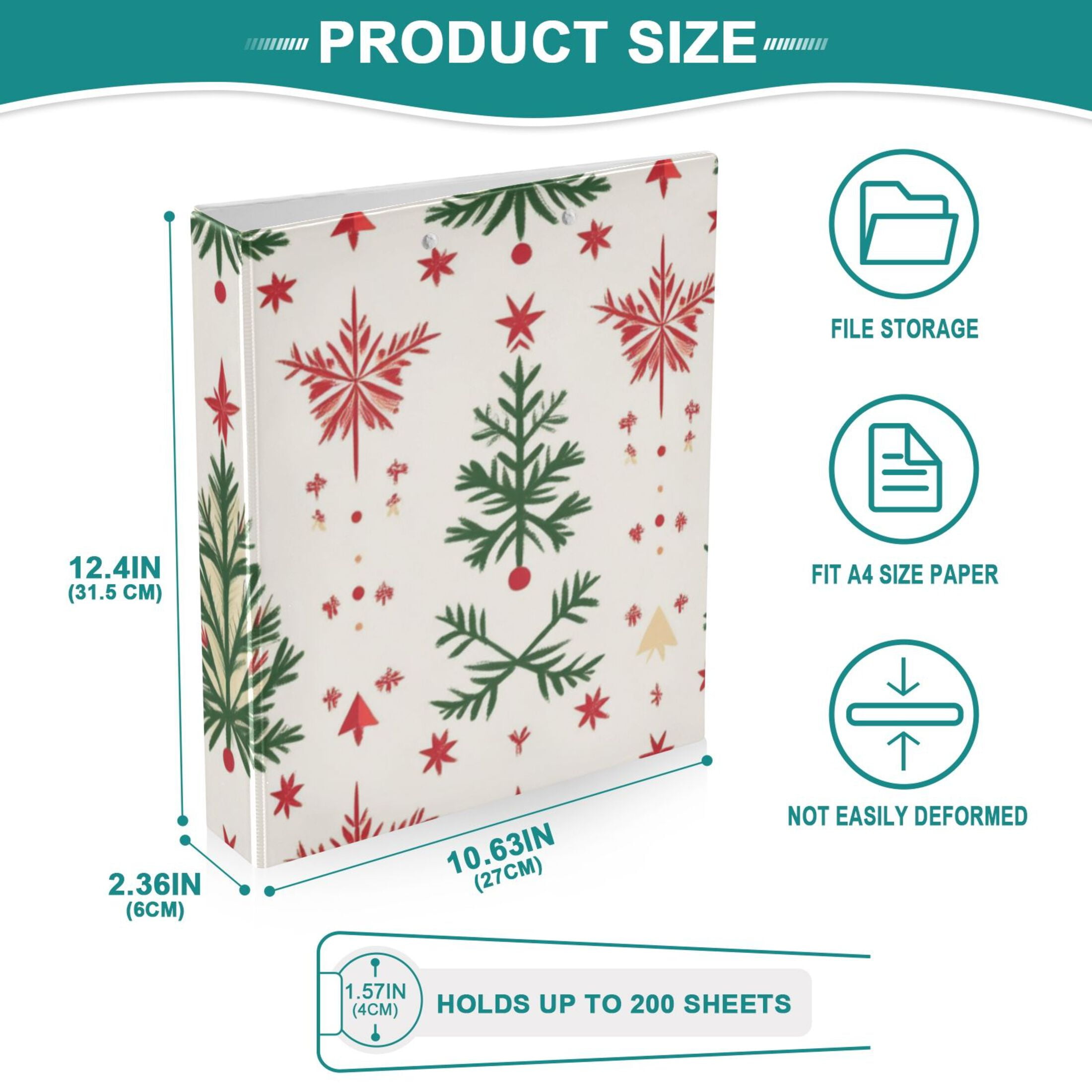 Christmas Trees and Snow 3 Ring Binders 1.5 inch Hardcover File Folders with Interior Pockets A4 Size Organizer for School Office Hospital