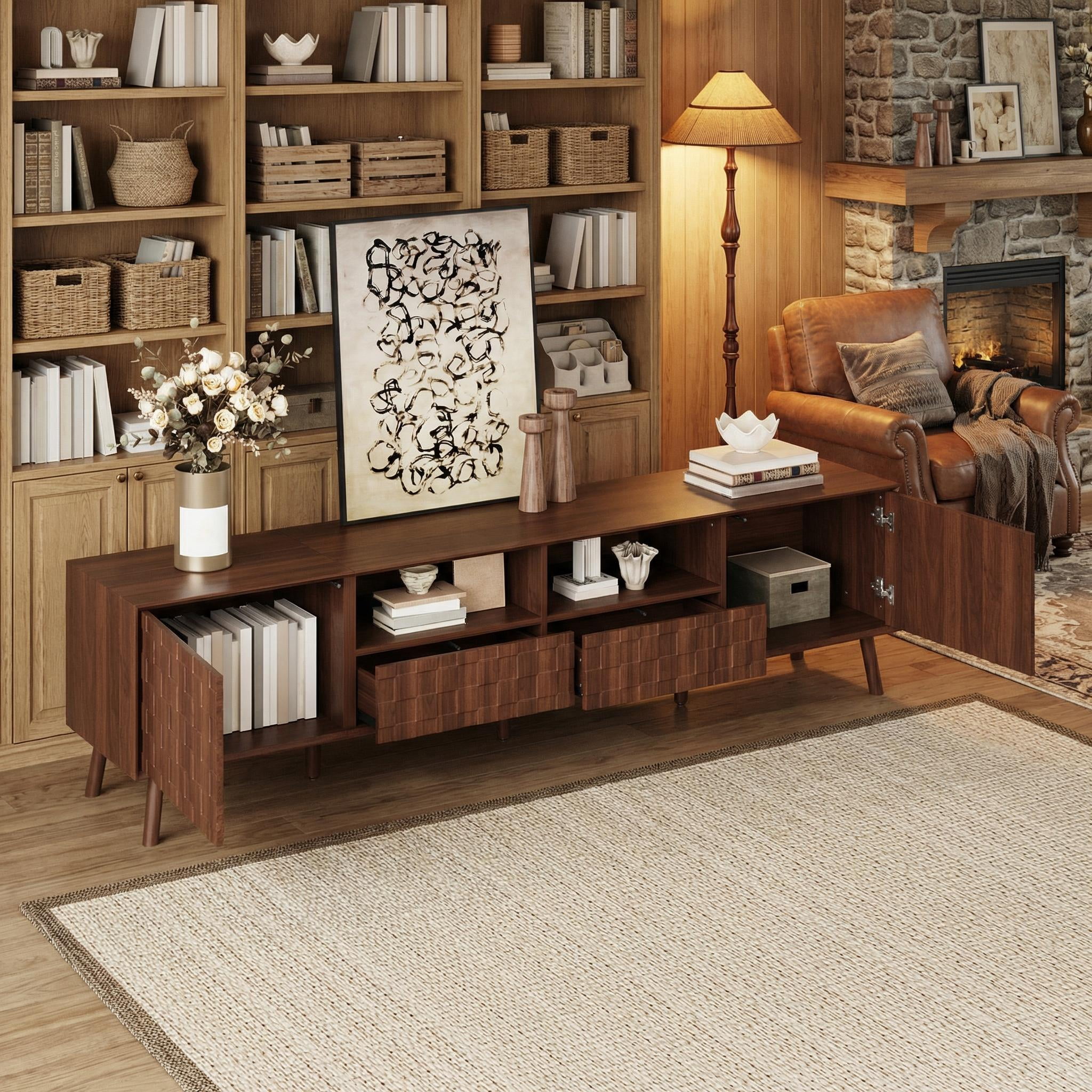 Homy Casa 78.7" TV Stand for 75 Inch TV with Drawers and Cabinets, Mid Century Wood Media Console