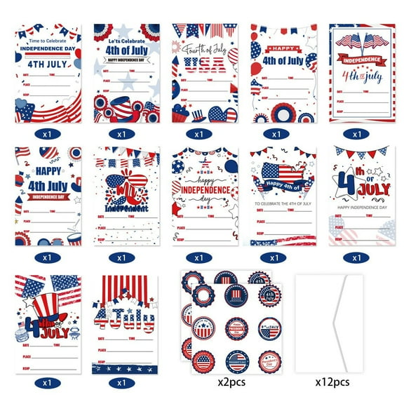 Independence Day Greeting Card Set With 12 Cards, 12 Envelopes, And 2 Sheets Of Stickers (18 Stickers Total), Perfect For Handwritten Blessings, Invitations, Decorations, Scene