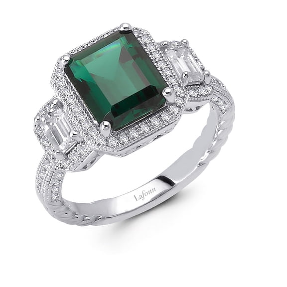 Lafonn Classic Sterling Silver Platinum Plated Lassire Simulated Diamond Emerald Statement Ring (4.37 CTTW)