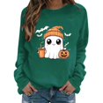 thumbnail image 2 of Womens Sweatshirt Casual Coffee Ghost Pumpkin Graphic Crew Neck Long Sleeve Pullover Cutecore Streetwear Halloween Top Fall Spring Outfits Dark Green L, 2 of 6