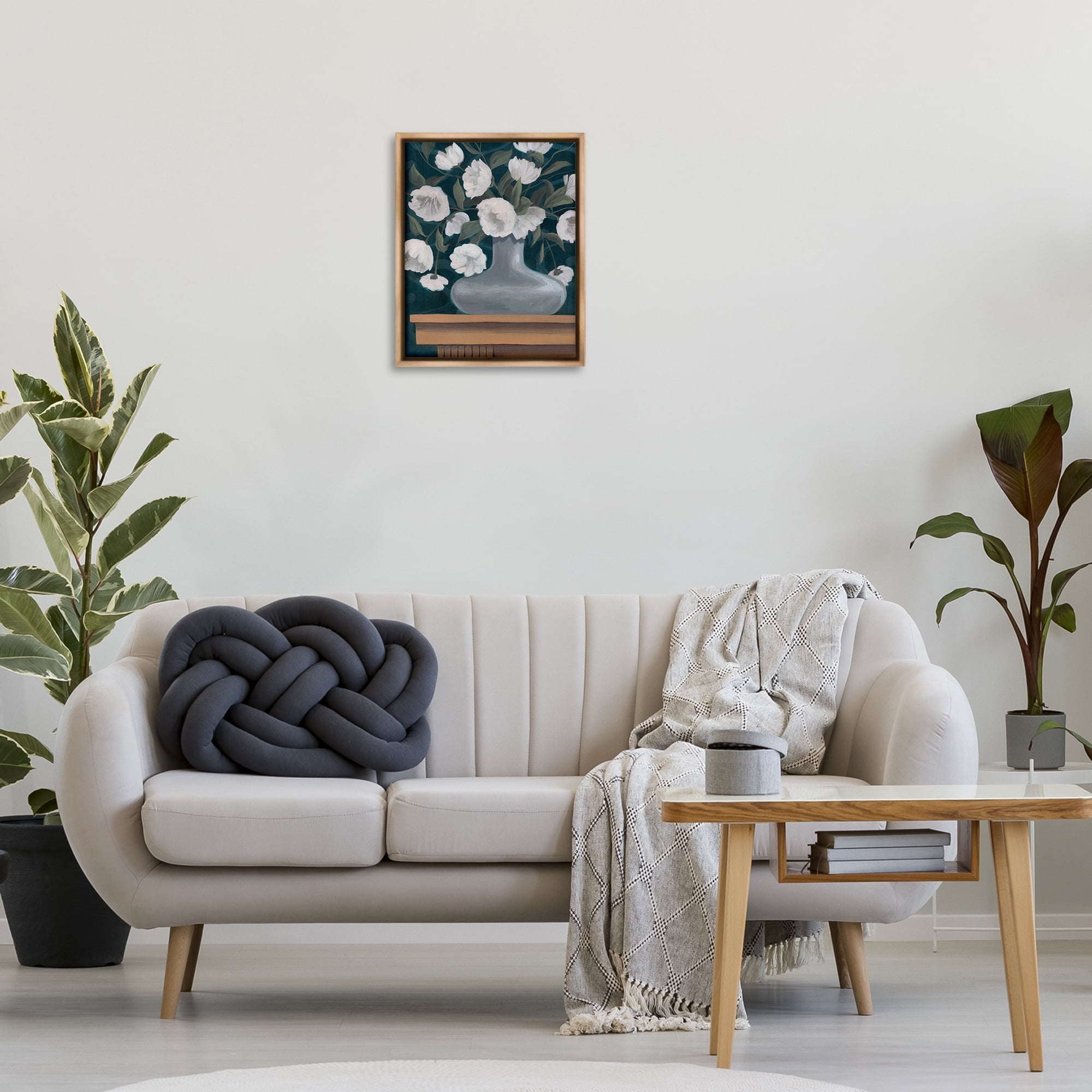 Stupell Industries White Flowers in Round Vase Plants & Flowers Painting Brown Floater Framed Canvas Art Print Wall Art, 17 x 21