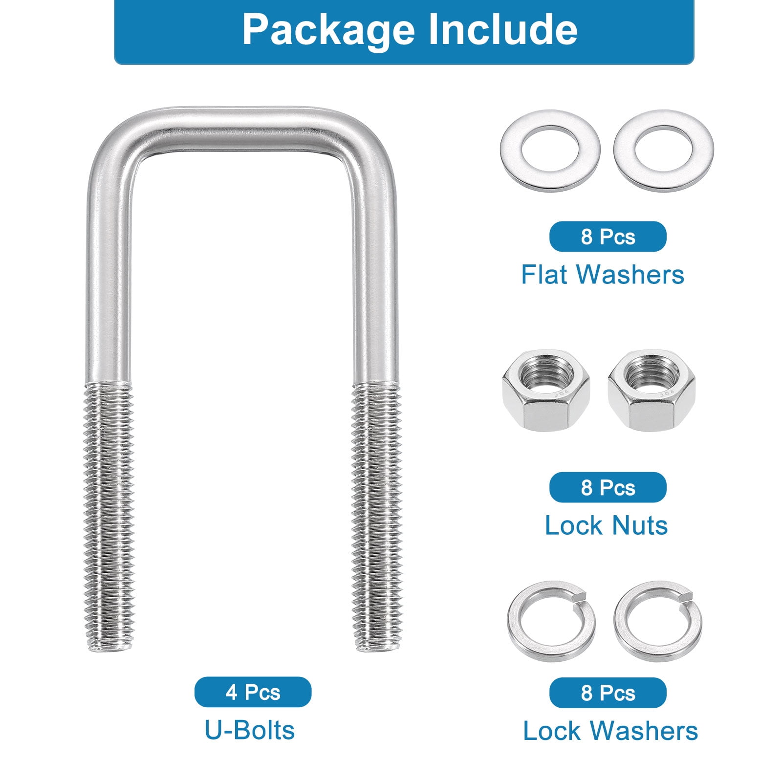 Uxcell U Bolts, 4 Set 2-1/16" x 4-3/4" - 304 Stainless Steel Square U Bolt with Washers and Nuts, Heavy Duty U-Bolts for Boat Trailer Ski Boat Trailer Sailboat Industrial Fasteners