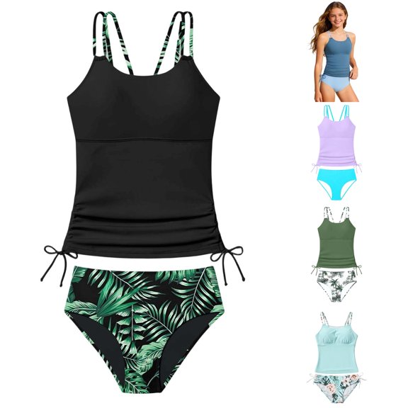 WERYOUNG Girls Swimsuit Sets For Girls Split Bikini Tropical Printed Tankini With Shorts Cute Two Piece Swimwear Water Activities Soft Swim Wear 9-10 Years