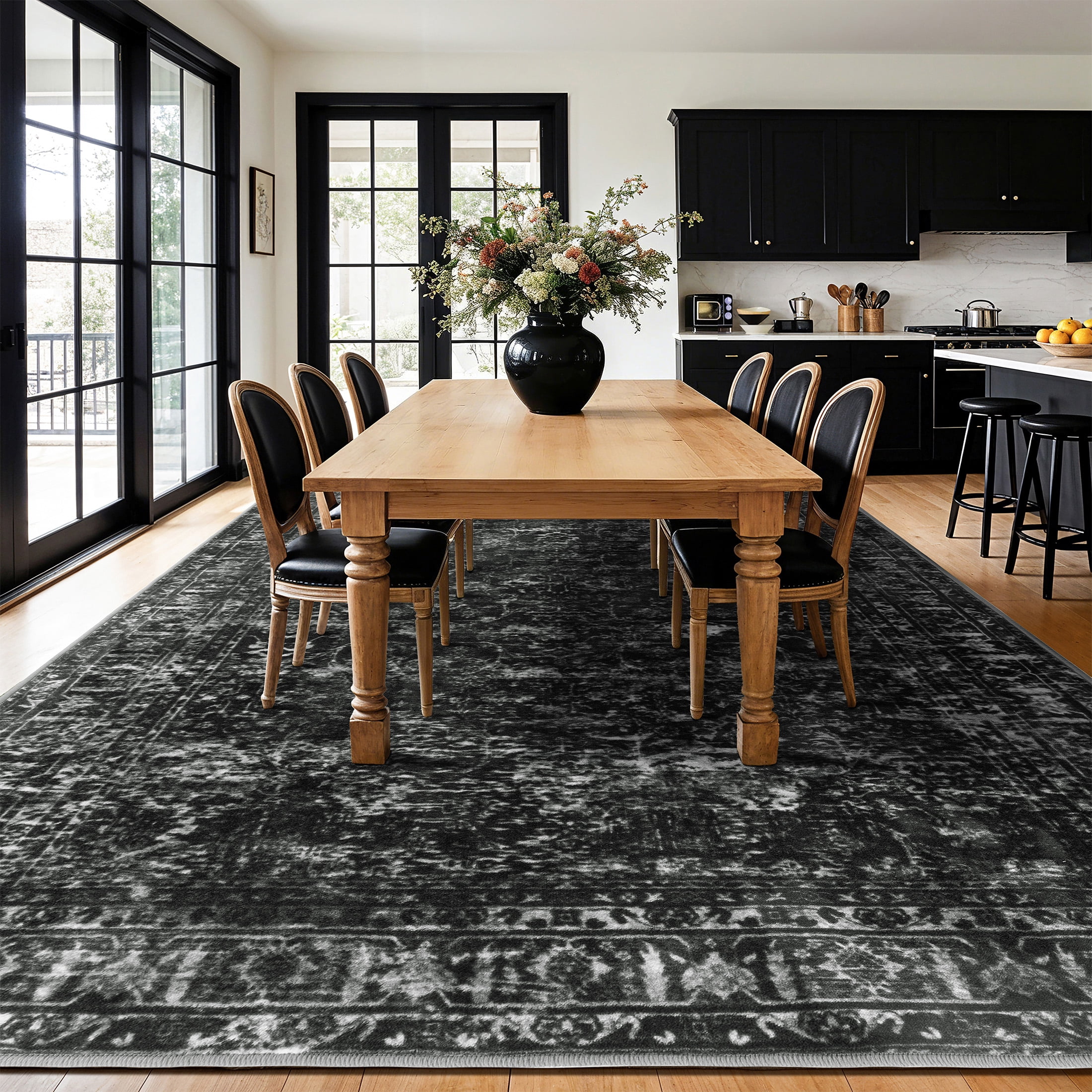 SORONO KATE 9'x12' Floral Area Rugs for Living Room, Machine Washable Oriental Vintage Distressed Non Slip Soft Indoor Area Carpet, Black