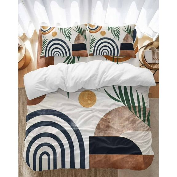 Boho Bedding Duvet Cover Set Full Size 4 Pieces Leaf Geometric Neutral Mid Century Soft Twill Plush Quilt Cover, Include 1 Duvet Cover 1 Flat Sheet And 2 Pillow