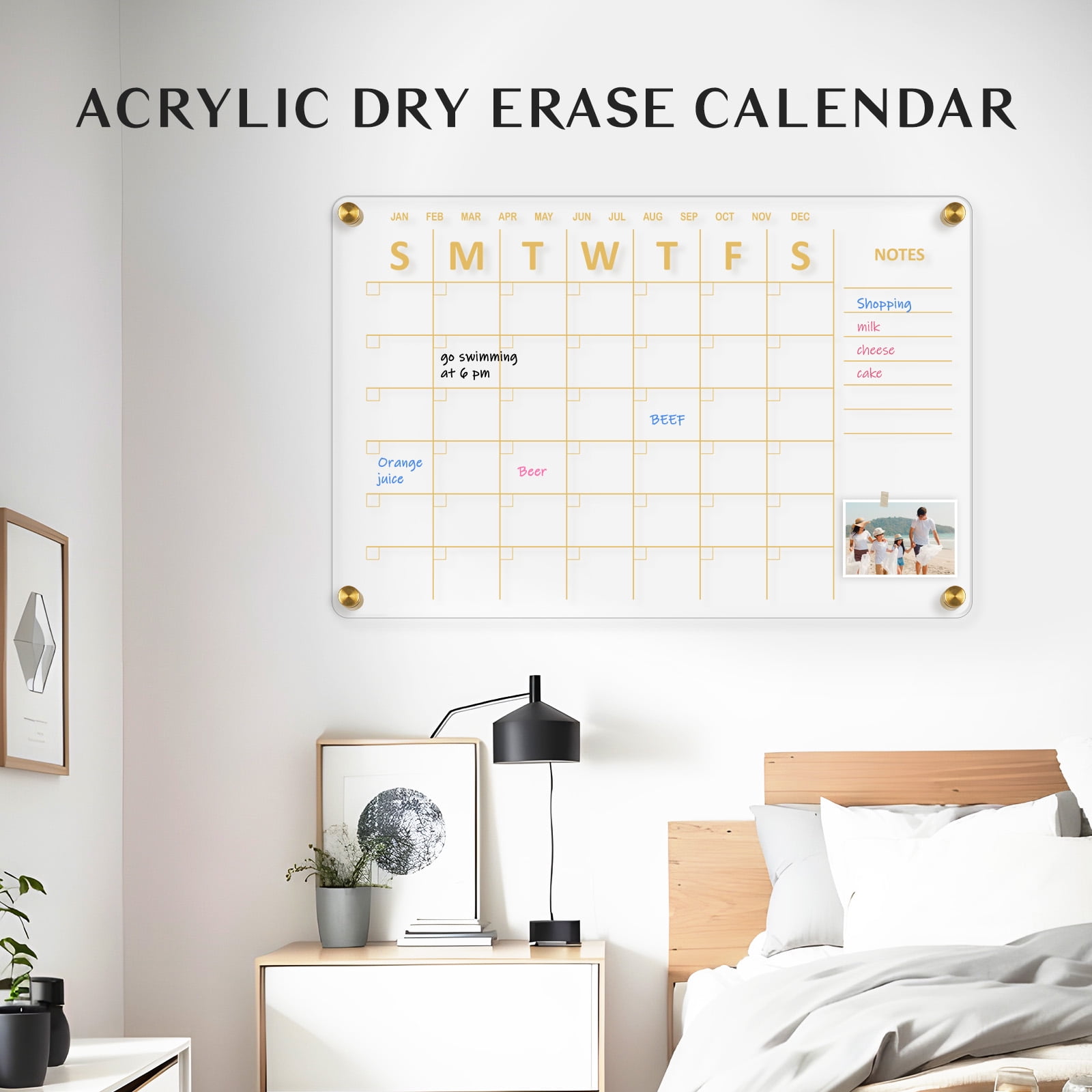 DOLLAR BOSS Acrylic Calendar for Wall Whiteboard, 24''x16'' Weekly Clear Dry Erase Board, Wall Hanging Non-Magnetic Floating Frameless Gold Print Whiteboard with Markers, for Home, Office. Wall Decor
