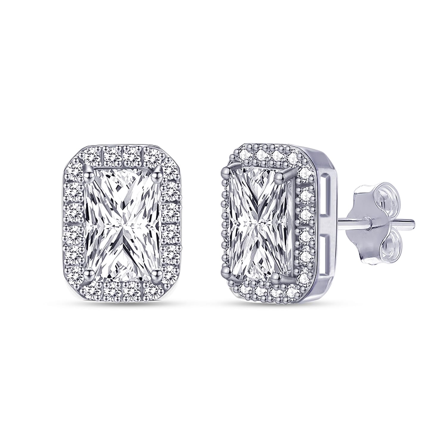 LeCalla Men's 925 Sterling Silver Stud Earrings | Rhodium Plated Rectangular Shaped Halo CZ Earrings Studs 10MM
