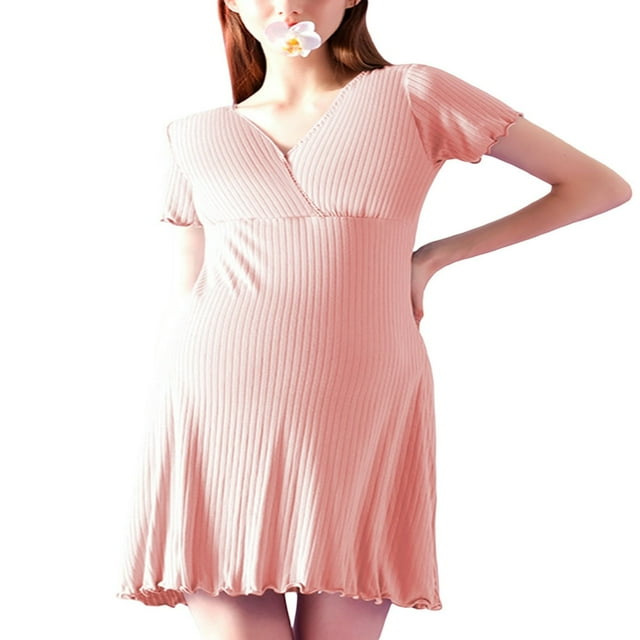 Womens Short Sleeve Maternity Dressr Short Sleeve V Neck Ruffle Trim Maternity Nightgown