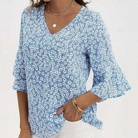 Maoxin 3/4 Length Sleeve Womens Tops Women‘s Casual Oversize Solid Floral Print V Neck Hooded 3/4 Sleeved Blouse 3/4 Sleeve Plus Size Tops for Women Blue L