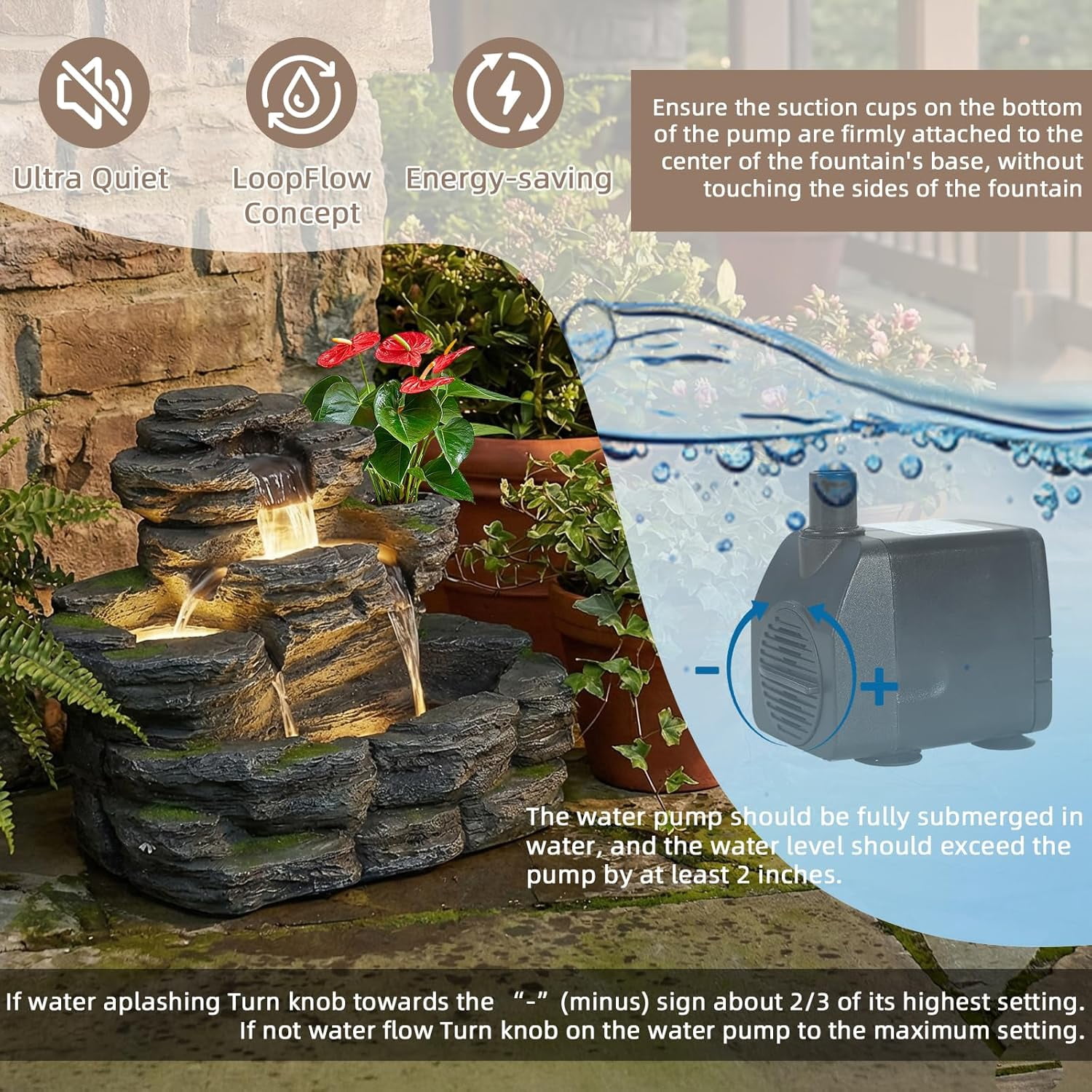 EPICOZY 5-Tier Rock Outdoor Water Fountain, 29.7" L Realistic Moss Decor & Cascading Waterfall Fountain with LED Lights, Resin Garden Water Feature for Patio, Yard & Porch, Home Art Décor