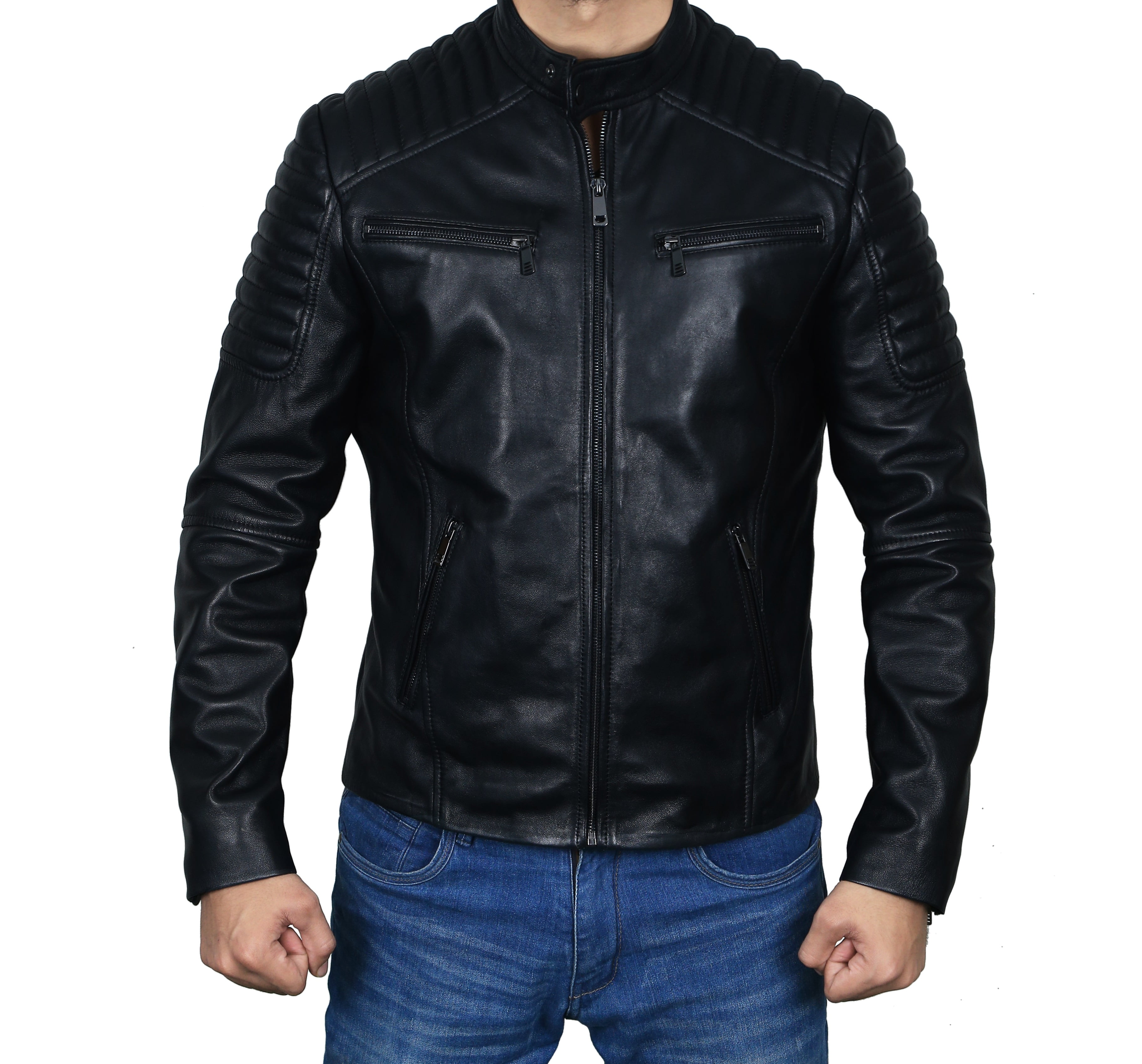 Men Black Real Leather Jacket with Quilted Shoulders - Walmart.com