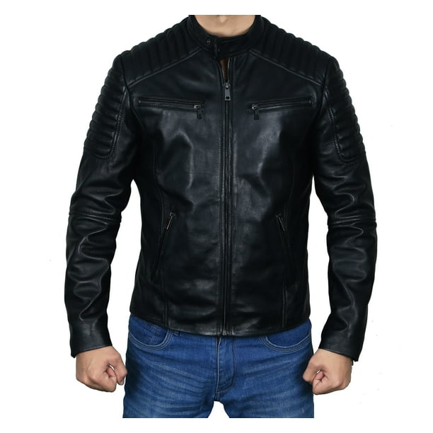 Notilz - Men Black Real Leather Jacket with Quilted Shoulders - Walmart ...