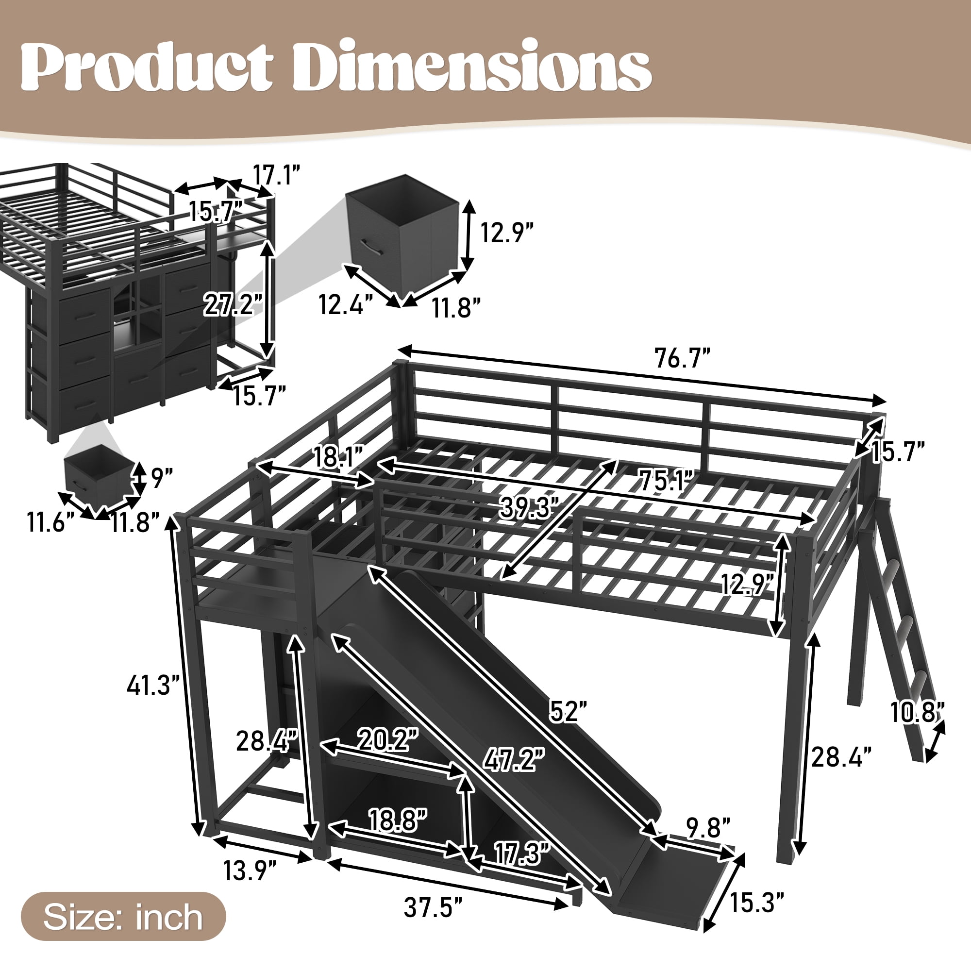 Loft Bed with Slide and Ladder, Twin Metal Bed Frame with Storage Drawers and Hanging Area for Bedroom, Black