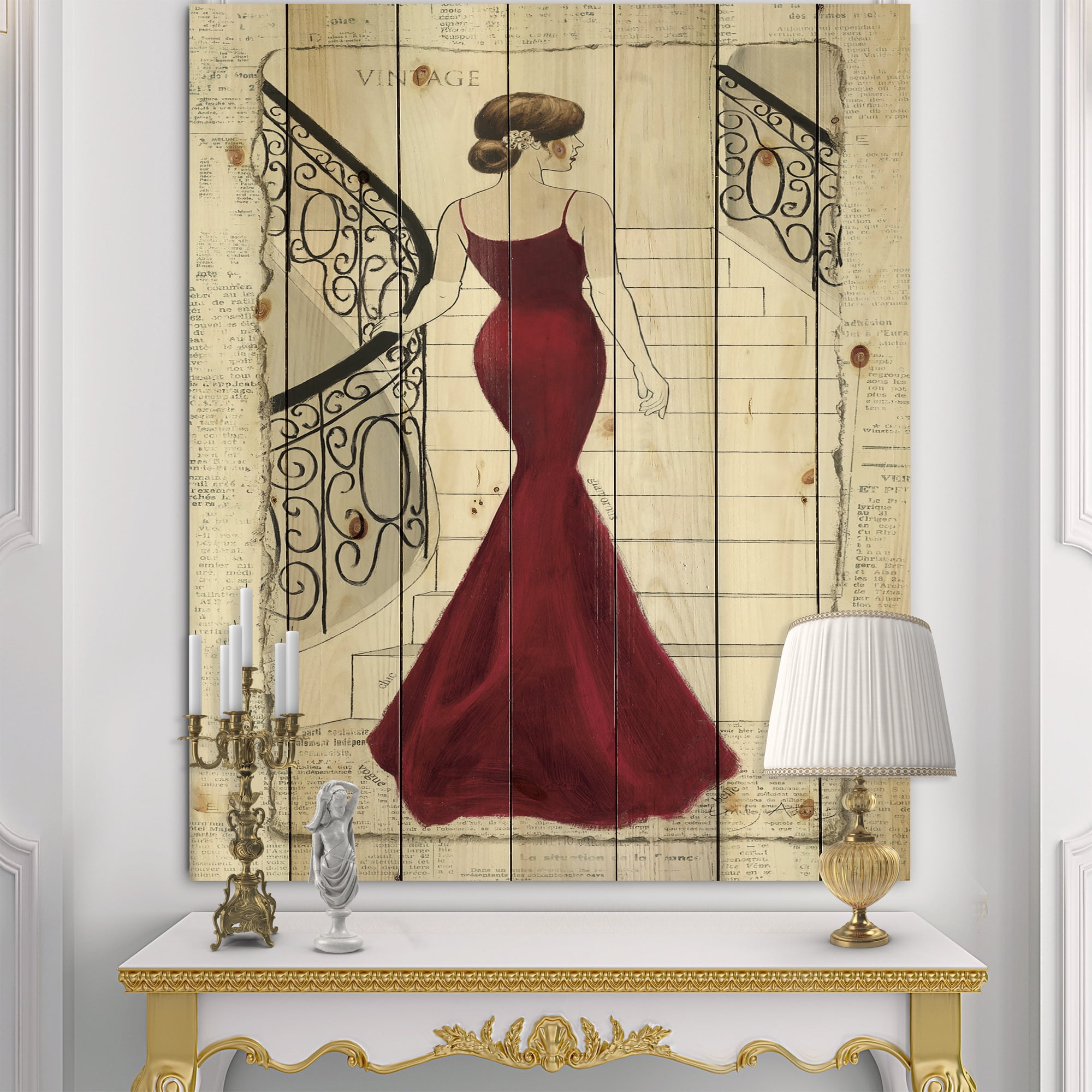Designart 'Elegance Woman Glam Paris Diva III' Fashion Print on Natural Pine Wood