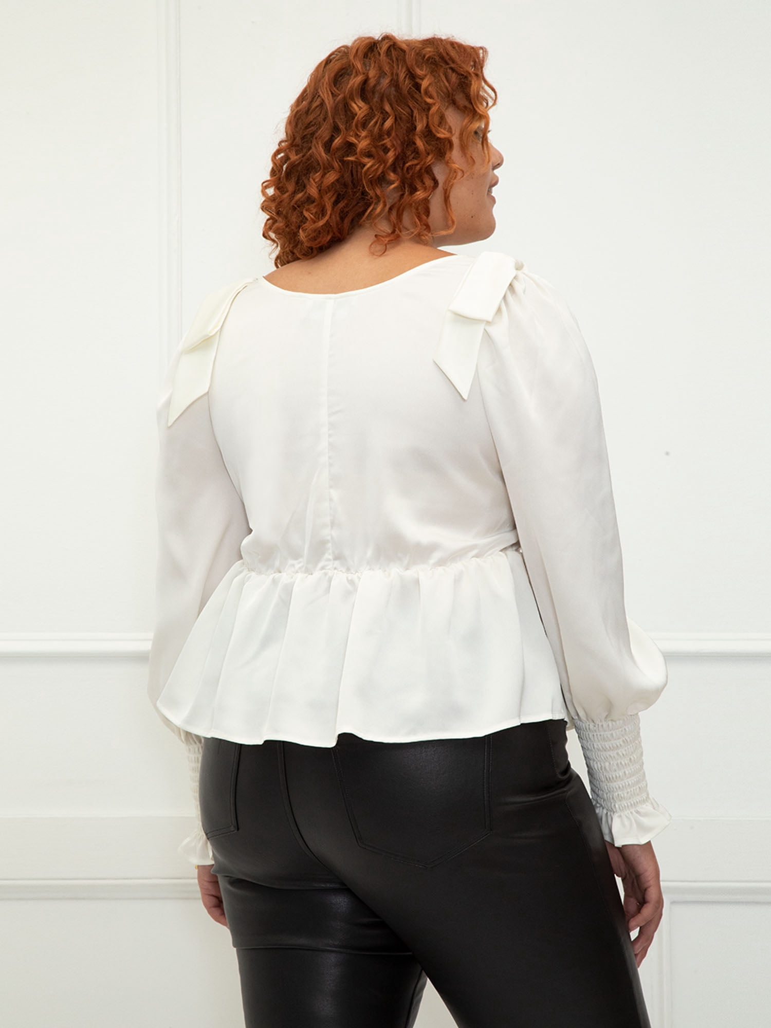 ELOQUII Elements Women's Plus Size Bow Shoulder Peplum Top