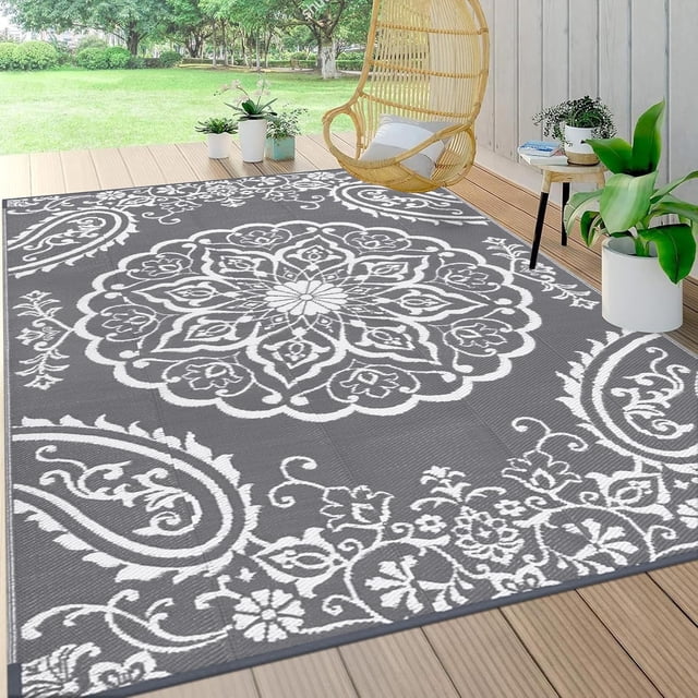 Outdoor Rug x Reversible Outdoor Plastic Straw Rug Large Outdoor Patio Rug RV Mat Outside Indoor Outdoor Rugs for Patio RV Balcony Deck Picnic Backyard Porch Grey