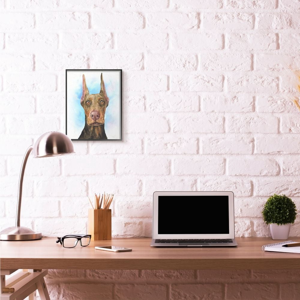 Stupell Industries Cute Doberman Dog Pet Animal Blue Watercolor Painting Framed Giclee Texturized Art by George Dyachenko