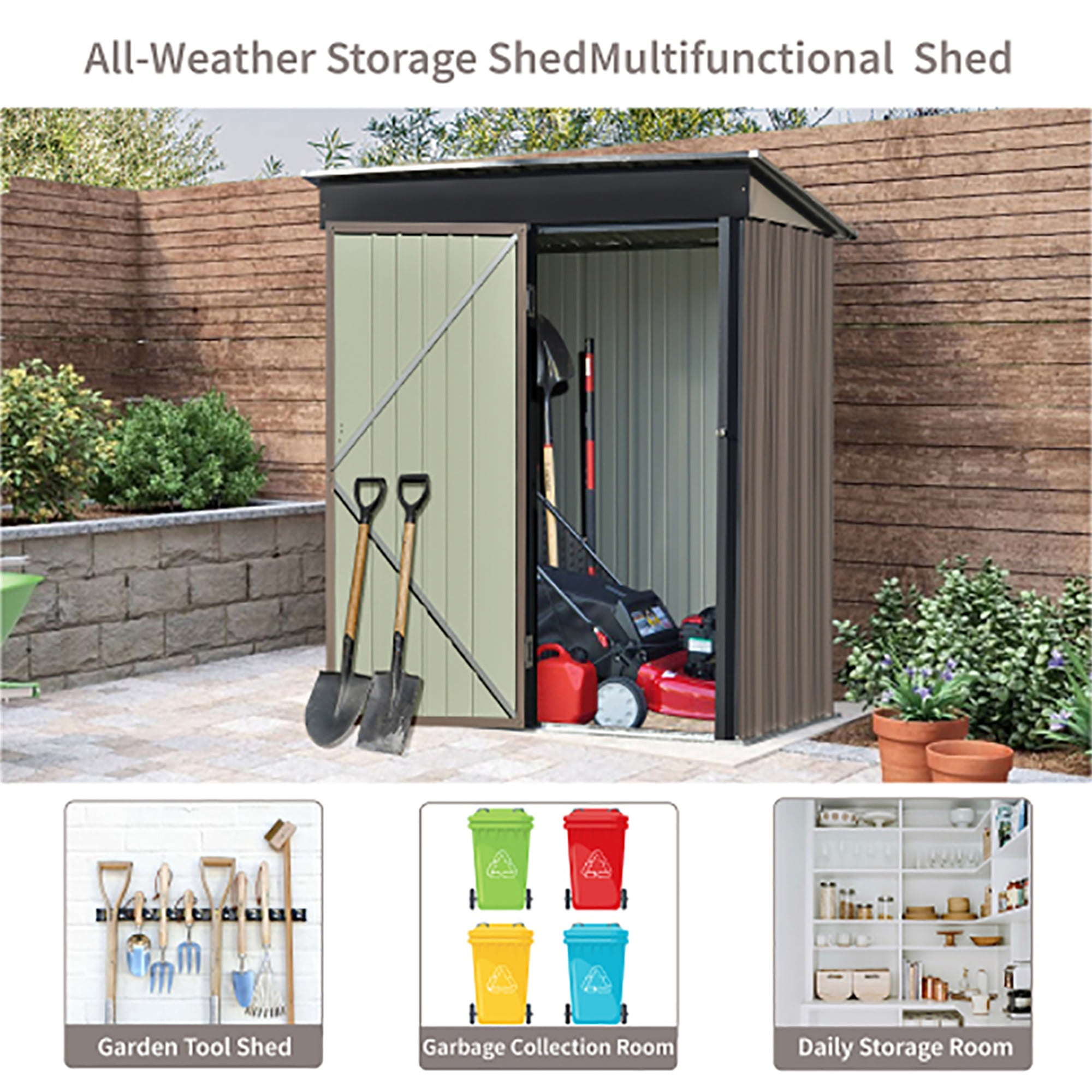 Kadyn Horizontal Outdoor Storage Shed Cabinet, Garden Shed, Metal Sloped Roof Storage Shed with Adjustable Shelves and Lockable Door for Trash Cans, Garden Tools and Yard Equipment, Brown Kadyn Horizontal Outdoor Storage Shed Cabinet, Garden Shed, Metal Sloped Roof Storage Shed with Adjustable Shelves and Lockable Door for Trash Cans, Garden Tools and Yard Equipment, Brown
