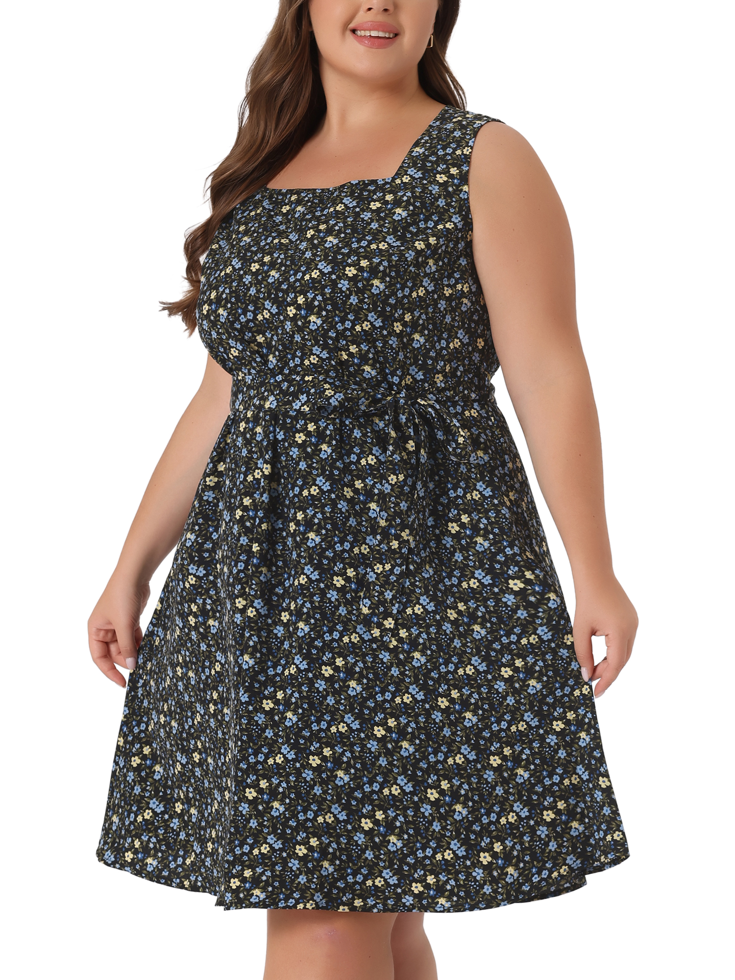 DARING DIVA Plus Self Tie Waist Sleeveless Floral Midi Dress 4X Black