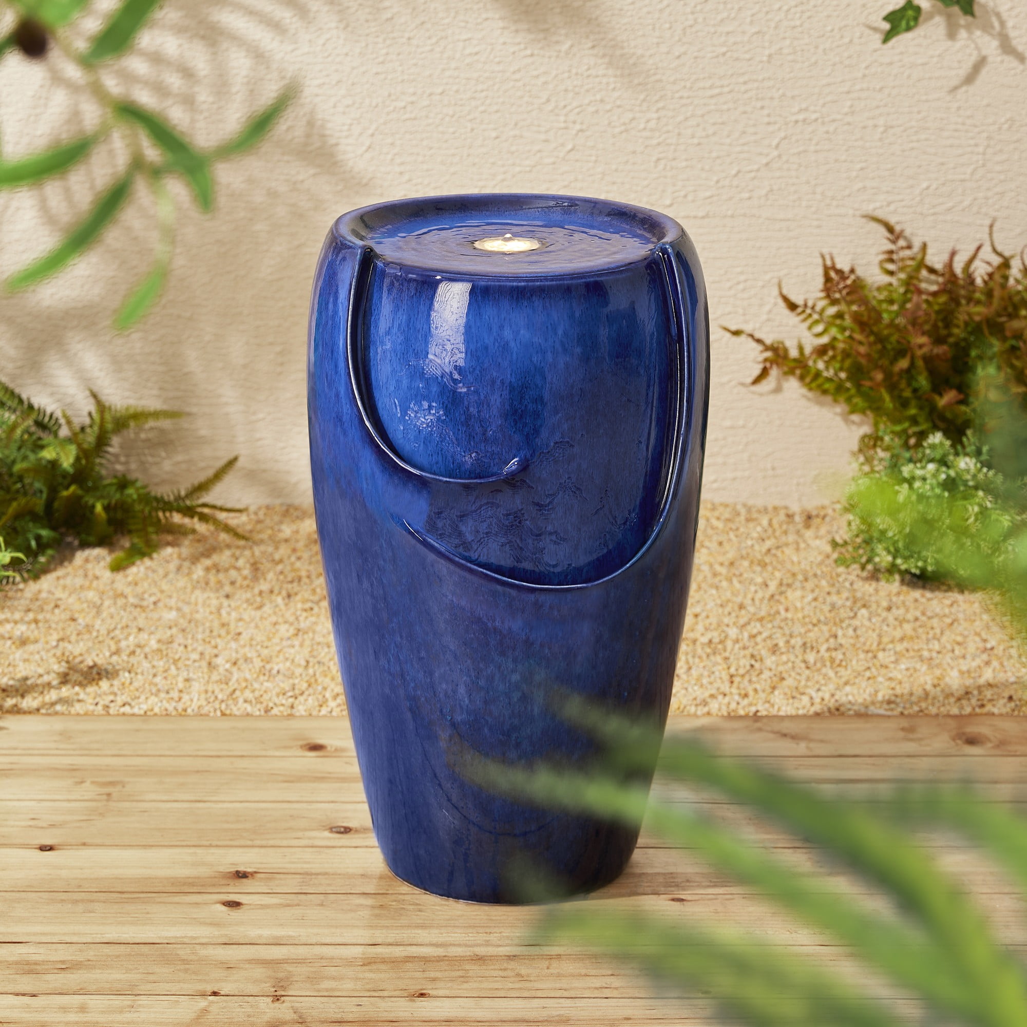 Glitzhome 21.25 Inch Tall Cobalt Blue Outdoor Ceramic Pot Fountain with
