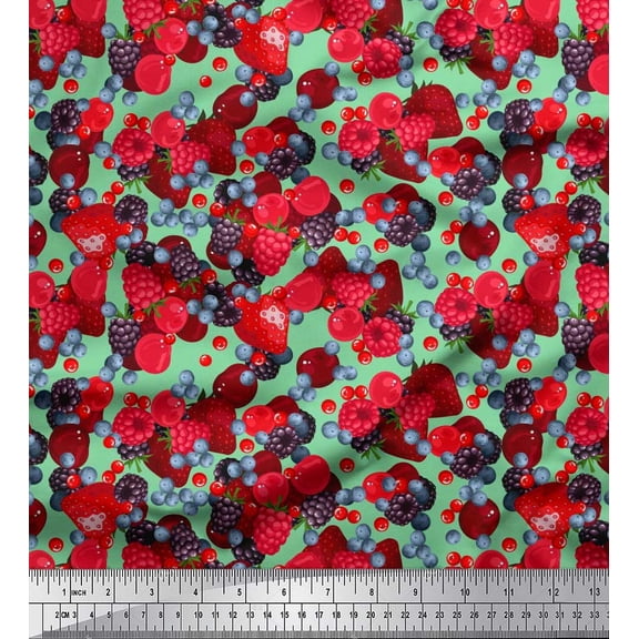 Soimoi Silk Fabric Raspberry,Strawberry & Cherry Fruits Fabric Prints by Yard 42 Inch Wide