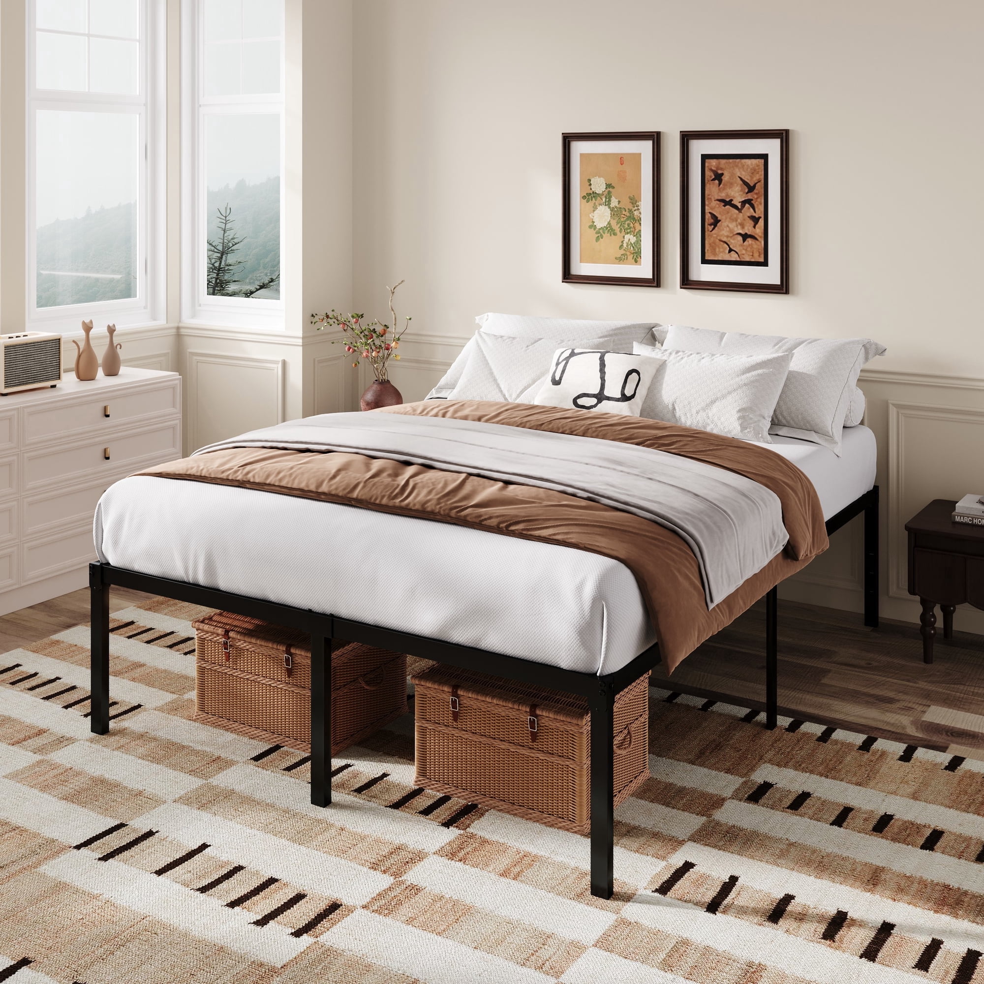 Amolife Heavy Duty Full Size 18'' Metal Platform Bed Frame with Ample Under Bed Storage Space, Black