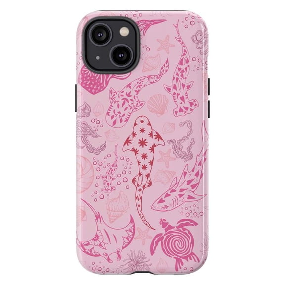 Pink Ocean Life Phone Case, Cute Sea Animal Shark Turtle Manta Ray Seashell Coral Aesthetic Protective Cover for iPhone 16 15 14 13 12 11 Pro Max Plus Mini
