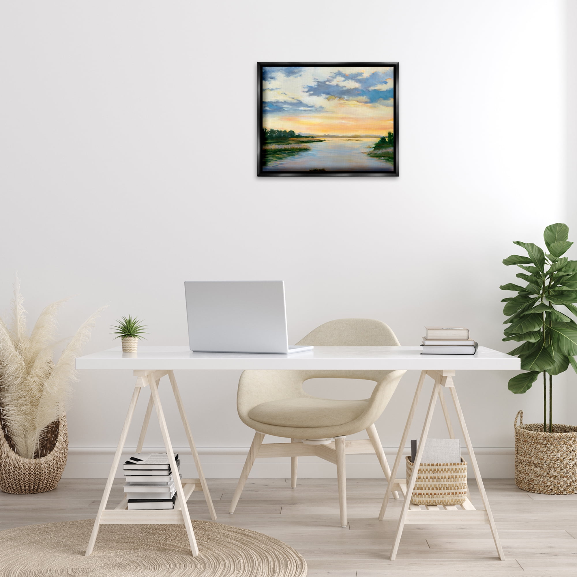 Stupell Industries Sunrise Over Shallow Water Landscape & Nature Painting Black Floater Framed Canvas Art Print Wall Art, 21 x 17