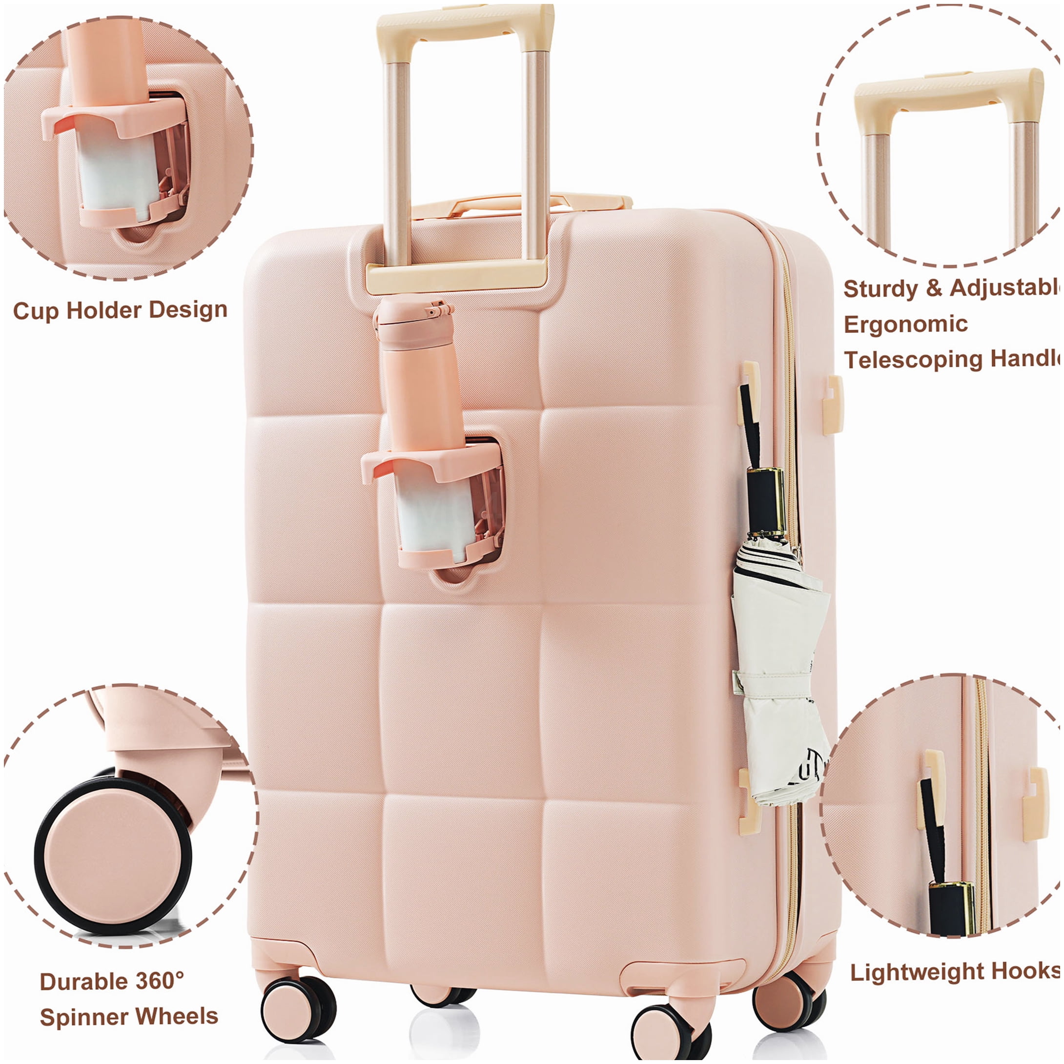 3-Piece ABS Hard Shell Spinner Luggage Set, Pink Suitcase with Built-In Cup Holder, Airline Approved