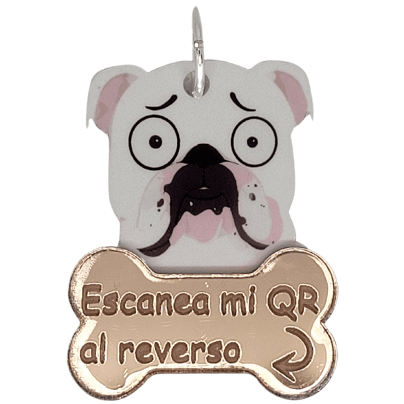 Placa DE Identificación Inteligente TQR BY FAKIRGEEK para Mascotas QR Perro Gato Bulldog Ingles Rosa Blanco
