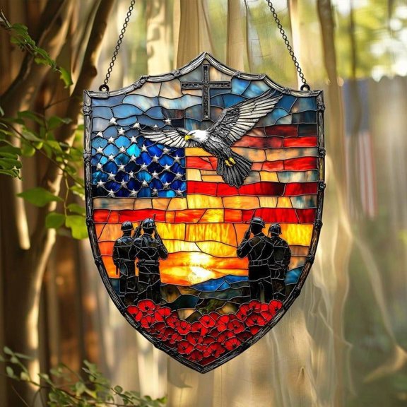 Memorial Day Suncatcher, Patriotic Veterans Cross Acrylic Art, Remembrance Window Decor, Vintage Tribute Gift for Veterans