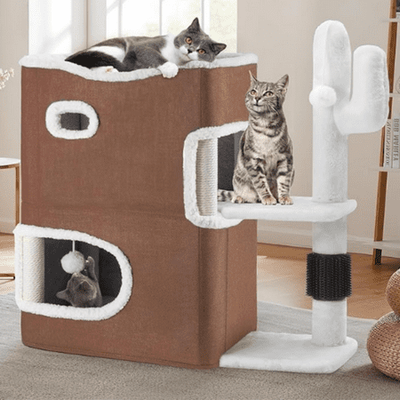 2-Tier Cat House Cat Beds for Indoor Cats Small Cat Condo with Highway Cave Scratch & Itching Post Clmibing Stand Modern Cat Cube Playhouse for Multi Kittens