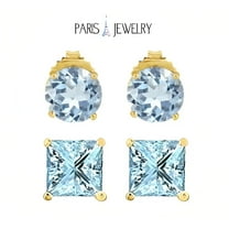 Paris Jewelry 18k Yellow Gold 2 Pair Created Aquamarine 6mm Round & Princess Cut Stud Earrings Plated