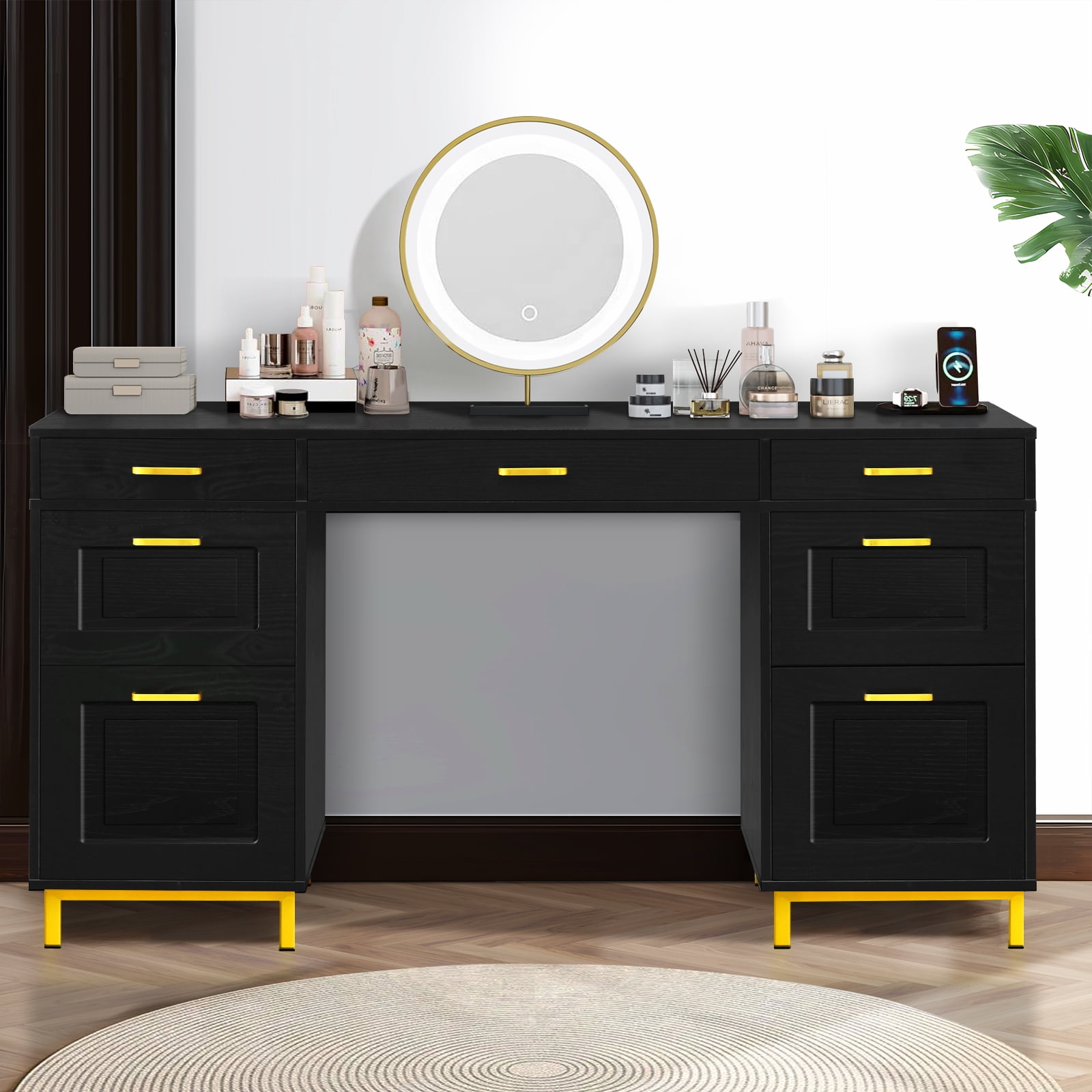 DreamCurship Computer Desk with Drawers, 57" Executive Desk with File Drawers, Home Office Desk with Storage, Black