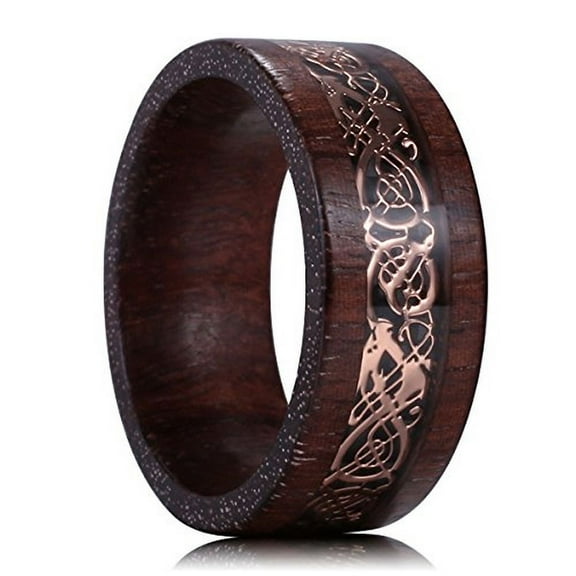 Wedding Rings For Men Women. 8mm Wood Wedding Band w Rose Gold Celtic Inlay