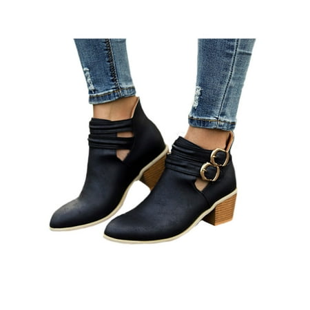Womens Mid Block Heel Buckle Casual Ankle Boots Pointed Toe Martin Booties