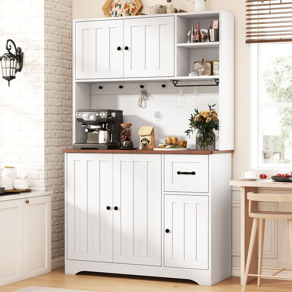 CQSXDA 71" White Freestanding Kitchen Pantry Cabinet with Countertop, Drawer & Adjustable Shelves