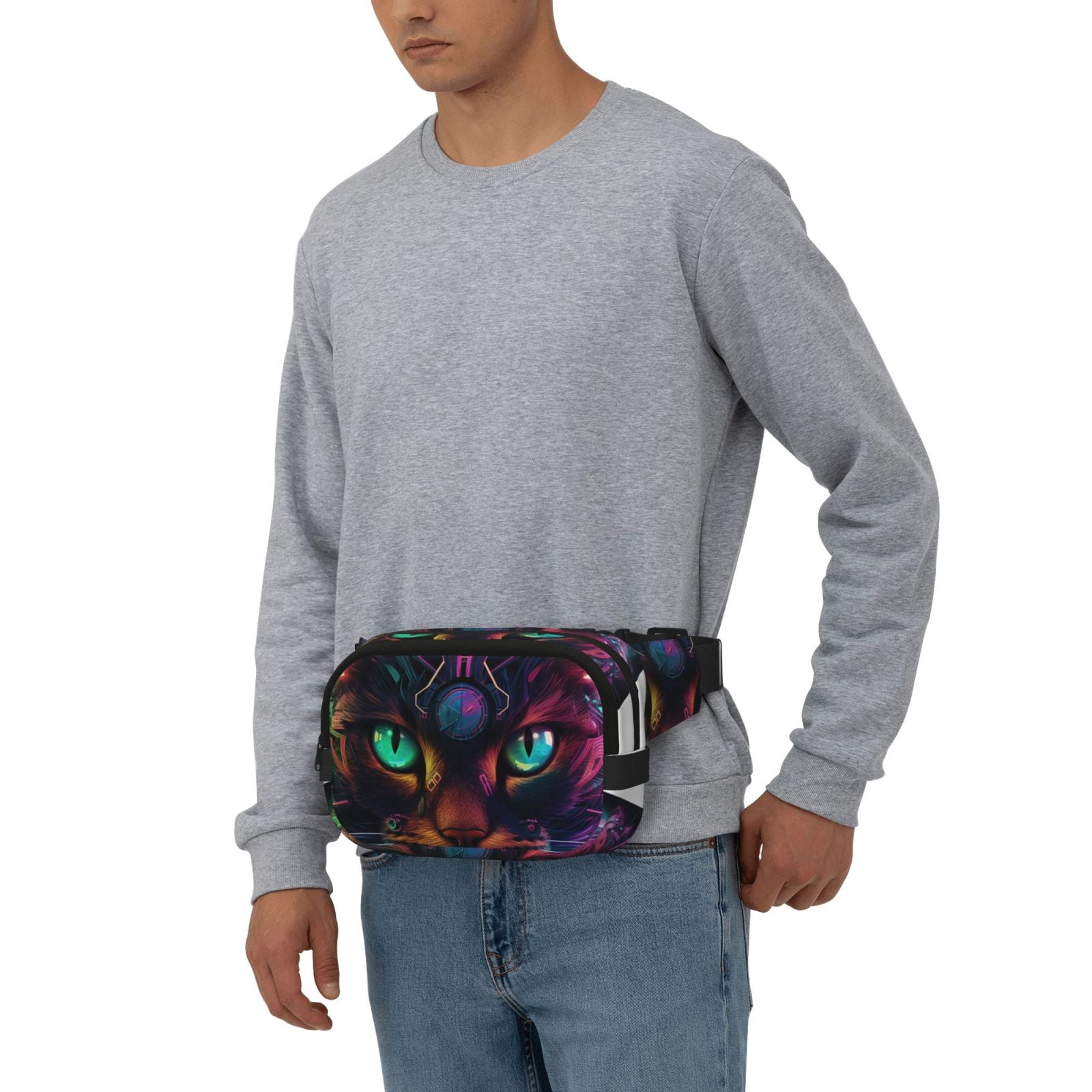 Kuqiui Futuristic Cat Warrior Print Fanny Packs for Women Cross Body Waist Bag Fashionable Fanny Pack Designer Workout Hiking Waist Pack Running Travel Gym