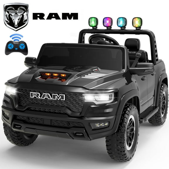 24V 2 Seats Ride On Car for Kids, Licensed RAM RHO 1500 Powered Electric Car with 4 Wheels Spring Suspesion, Ride On Toy for 3-8 Year Boys & Girls with Remote Control, Horm, Siren, LED Lights, Black