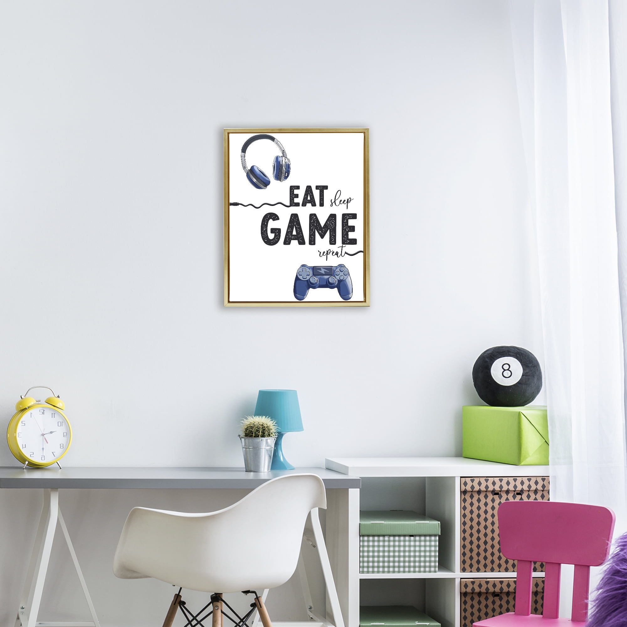 Eat Sleep Game Lifestyle Gold Framed Floater Canvas Wall Art, design by Christine Simpson Art