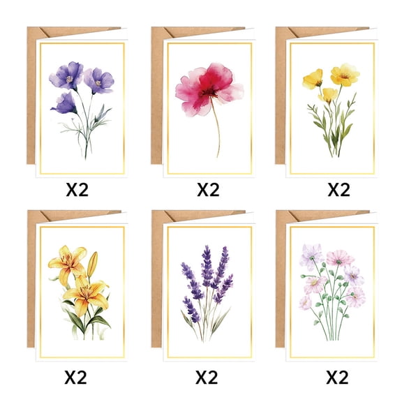 Blank Cards with Envelopes, 12 Pack Blank Greeting Cards 4x6 – Elegant Gold Foil Blank Note Cards with 6 Assorted Floral Designs – Perfect Stationery Set for All Occasions
