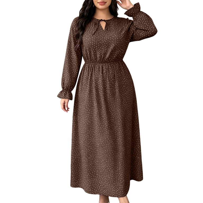 brunch dresses plus size Women's Polka Dot Flowy Long Sleeve Keyhole Tie Waist Maxi Dress  Lightweight Casual Brunch Church Weekend Dress Plus Size Dresses for Women  Coffee XL