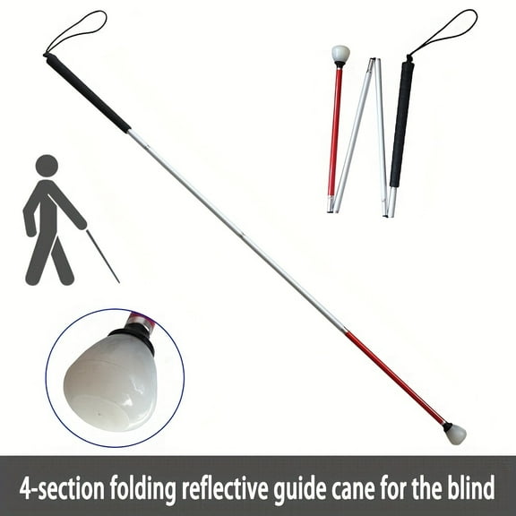 Aluminum 4-Section Folding Reflective Guide Cane with Seat for Visually Impaired, Canes for Balance Walking, Foldable Adjustable Cane for Men & Seniors, Mobility Aid