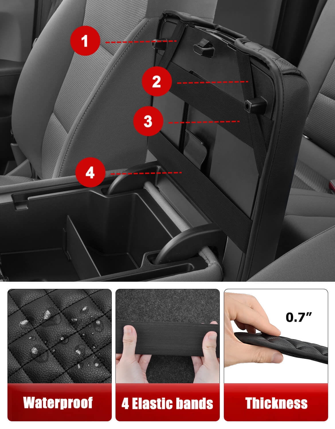 KBH Center Console Cover Fit for 2014-2018 Chevy Silverado GMC Sierra with 40/20/40 Split Bench Jump Seat, Black Leather Interior Trim Armrest Cover Cushion Pad