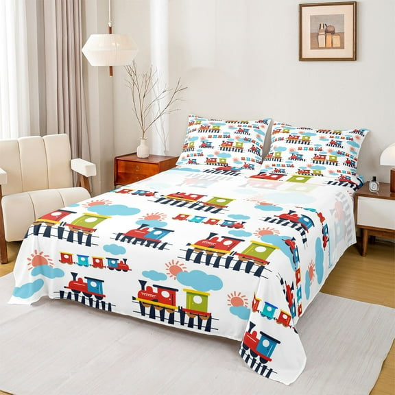 Homewish Kawaii Train Twin Sheet Sets,Cartoon Vehicles Car Twin Fitted Sheet,Red Blue White Flat Sheet For Boys Teens,Microfiber Bedroom Decor,3pcs